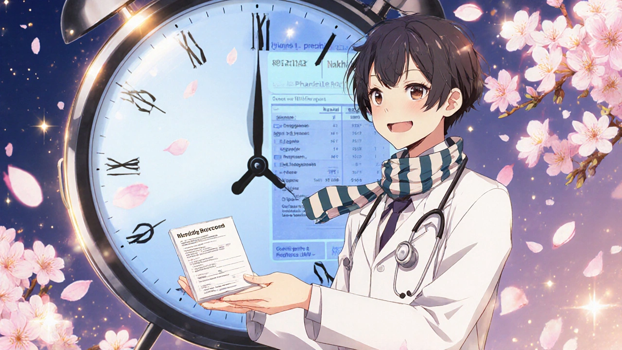 A pharmacist hands a clozapine prescription to a patient as a digital REMS screen transforms into a simple medical record, surrounded by cherry blossoms.