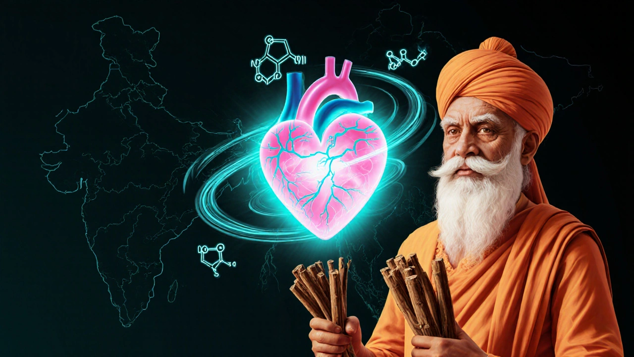 Ayurvedic healer holding Arjuna bark with a luminous heart and molecular diagrams in the background.