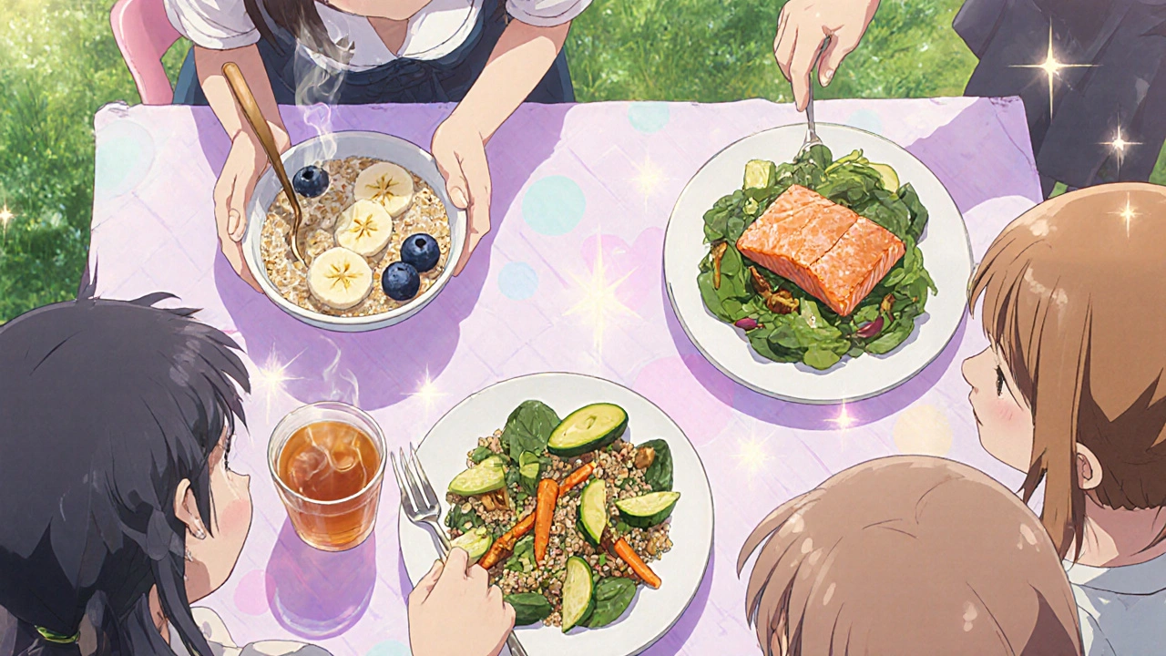 Bright garden scene of a girl sharing a nutritious meal of oats, quinoa salad, and salmon.