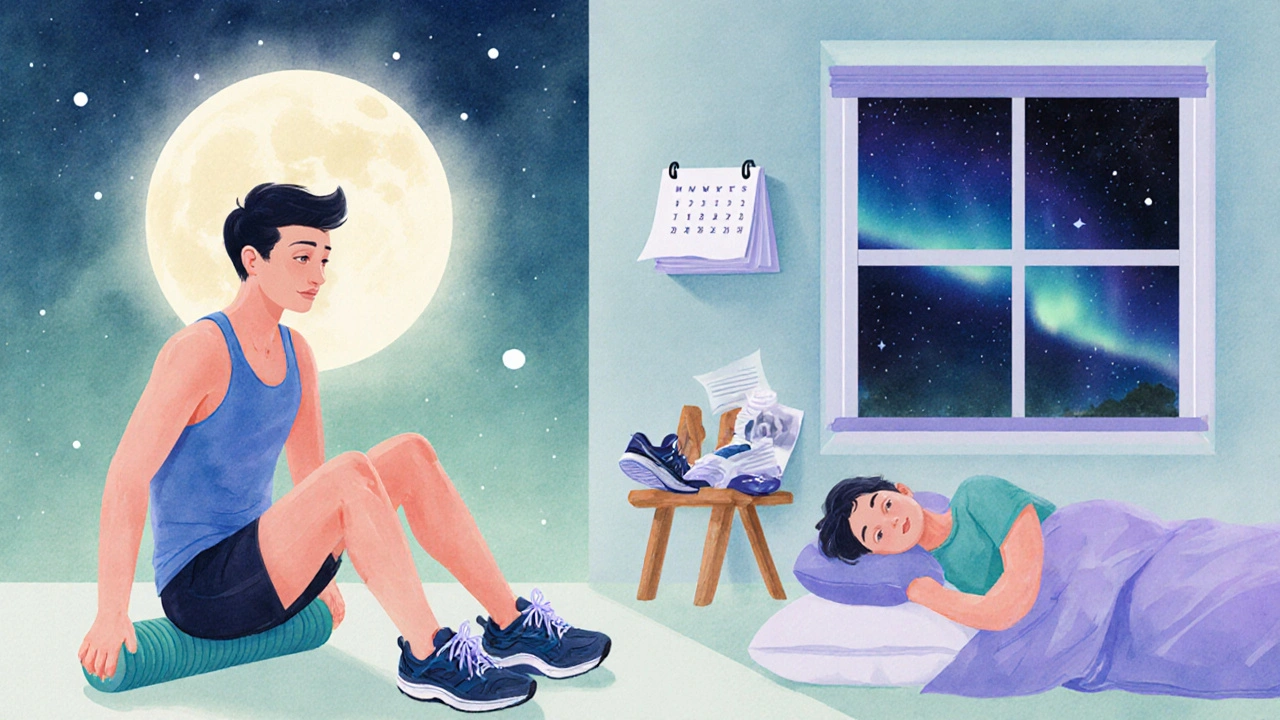 Calm nighttime scene of a runner foam‑rolling, resting, and a weekly calendar.