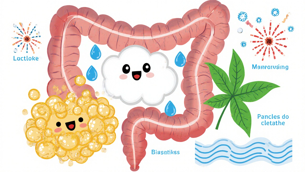 Cartoon colon cross‑section showing lactulose, PEG, senna, magnesium, and bisacodyl actions.