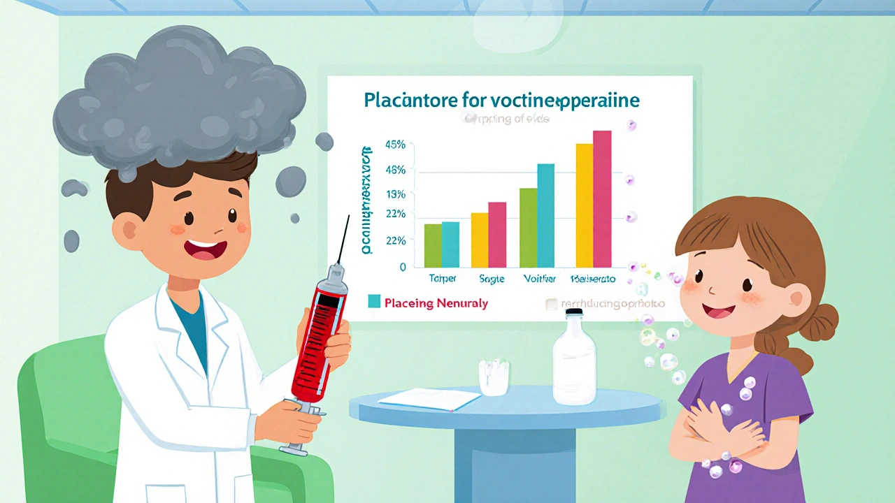 Cartoon doctors and patients show migraine cloud and nausea bubbles with a chart comparing drug and placebo.