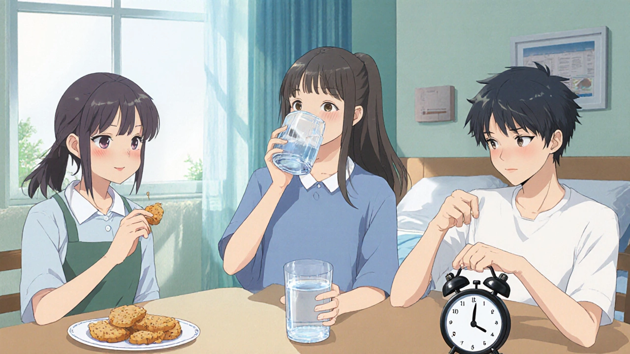 Characters showing snack, water, and clock tips in a kitchen.