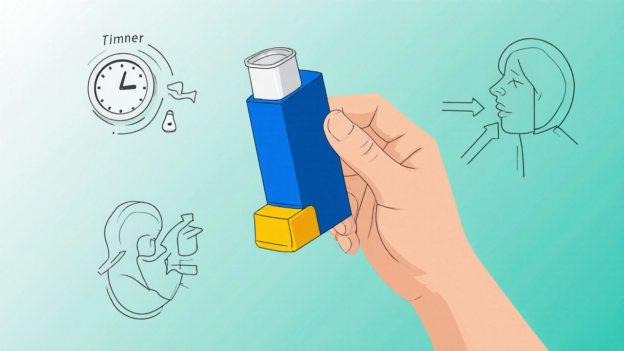 Close‑up of a hand holding a rescue inhaler with spacer, illustrating proper use.
