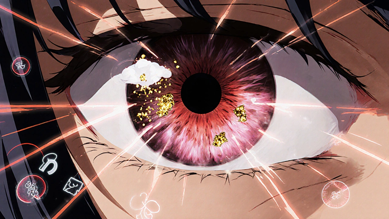 Close-up of an eye showing a clouded posterior lens with glowing protein clumps and fading red colors.