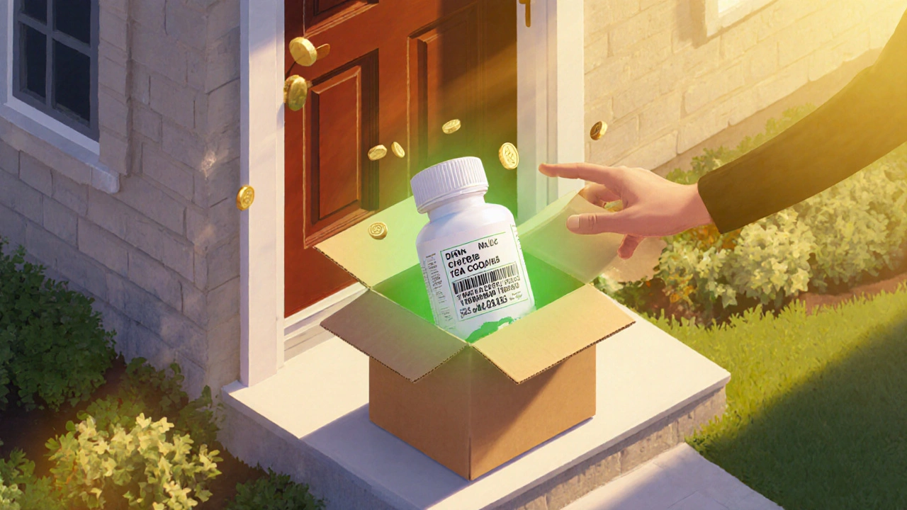 Delivery box opened to reveal generic celecoxib bottle, person smiling.
