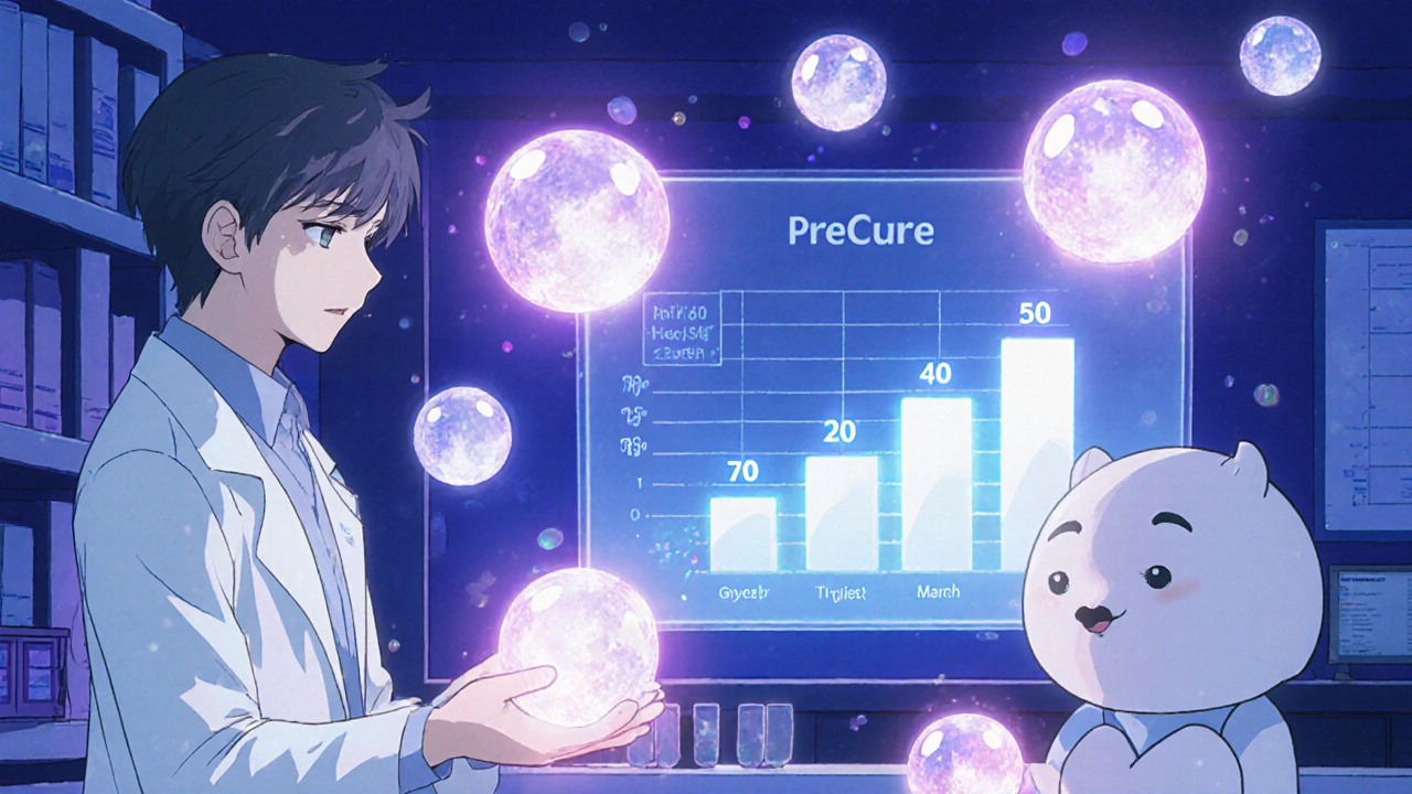 Doctor and mascot examine glowing orbs representing different immunosuppressant drug classes.