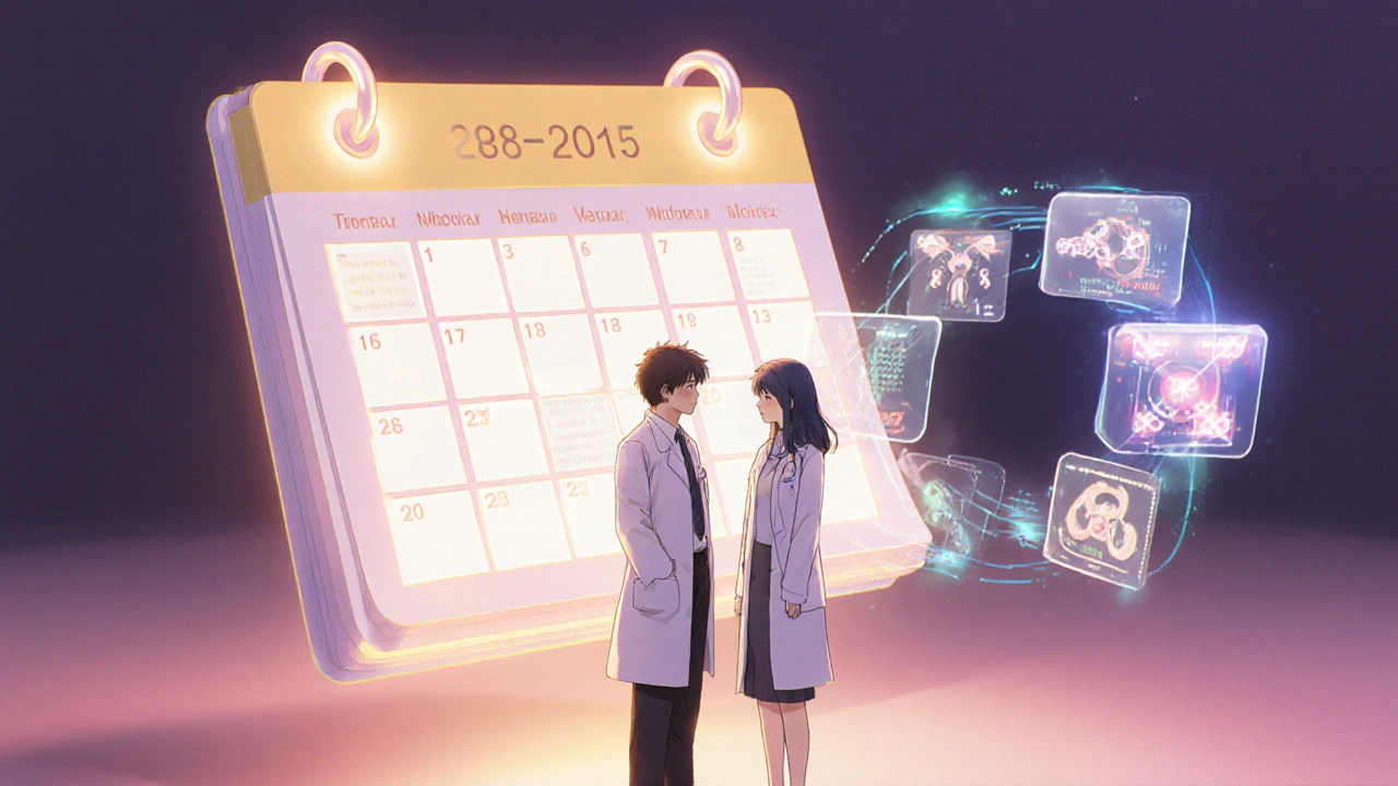 Doctor and patient review a luminous calendar and holographic medical scans for monitoring.