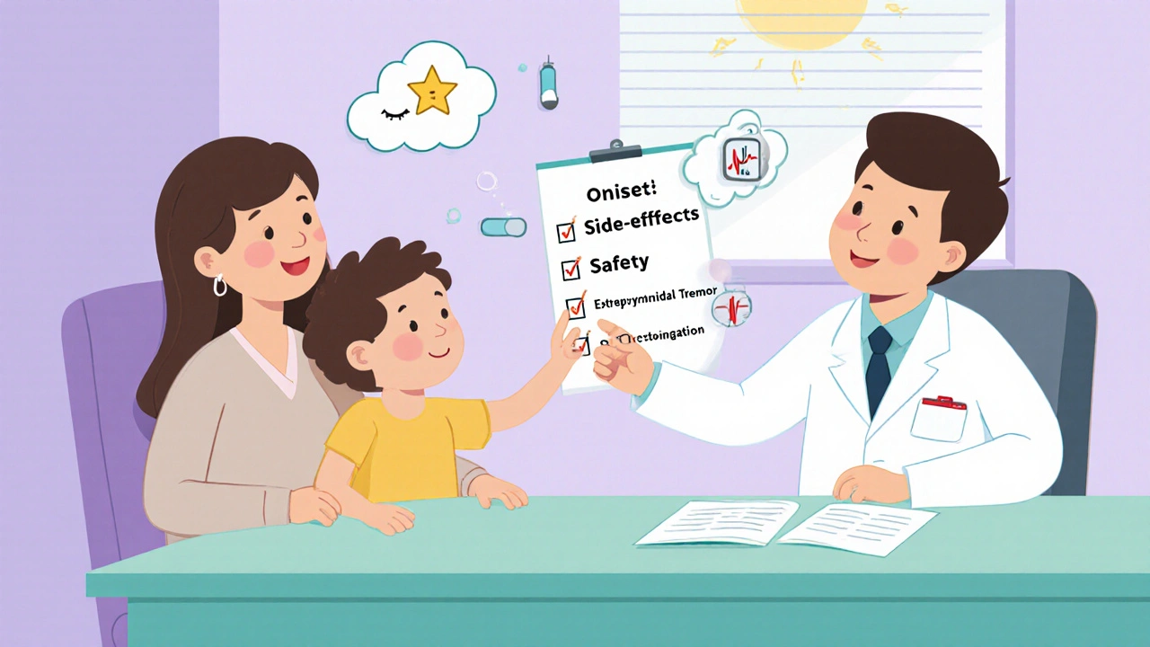 Doctor explains side‑effects to parent and child using cute icons for sleepiness, tremor, and heart monitor.