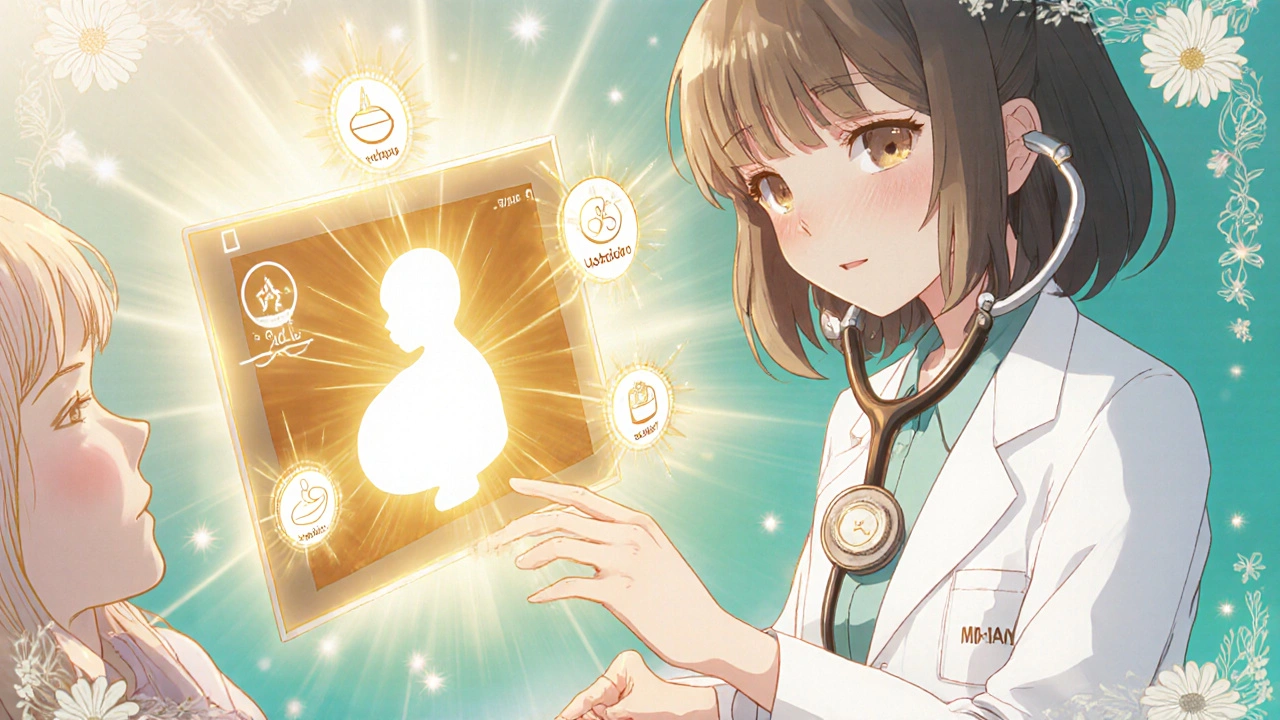 Doctor guiding a pregnant patient toward a glowing ultrasound showing a healthy baby with safe medication icons radiating light.