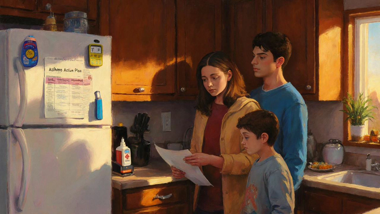 Family reviewing an asthma action plan beside inhaler, peak‑flow meter, and auto‑injector.
