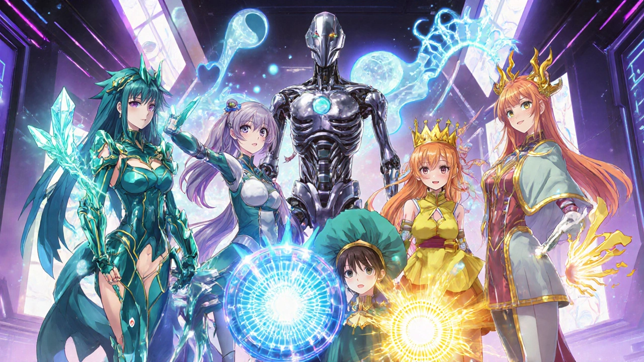 Group of magical heroines representing different osteoporosis drugs with unique visual effects.