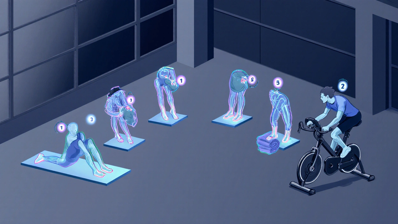 Gym scene showing six injury‑prevention exercises with highlighted muscles.