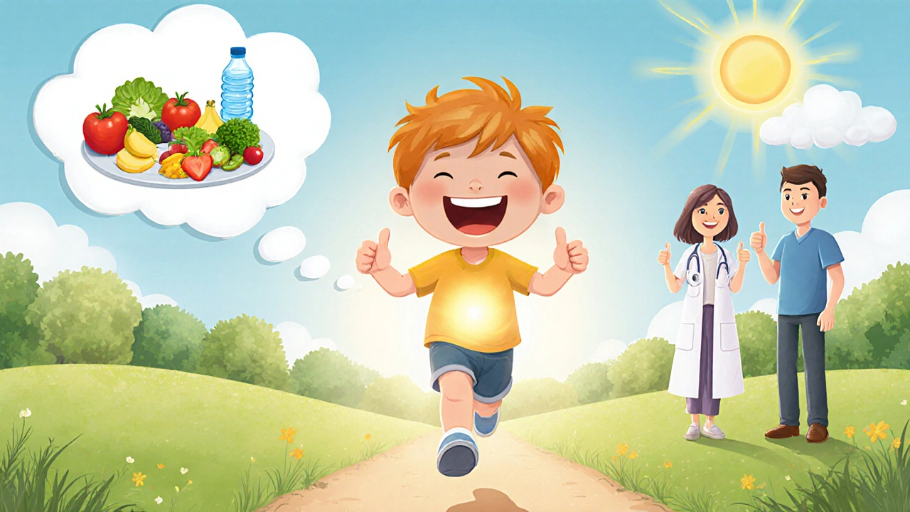 Happy child running outdoors with parent and doctor, thought bubble of healthy food and water.