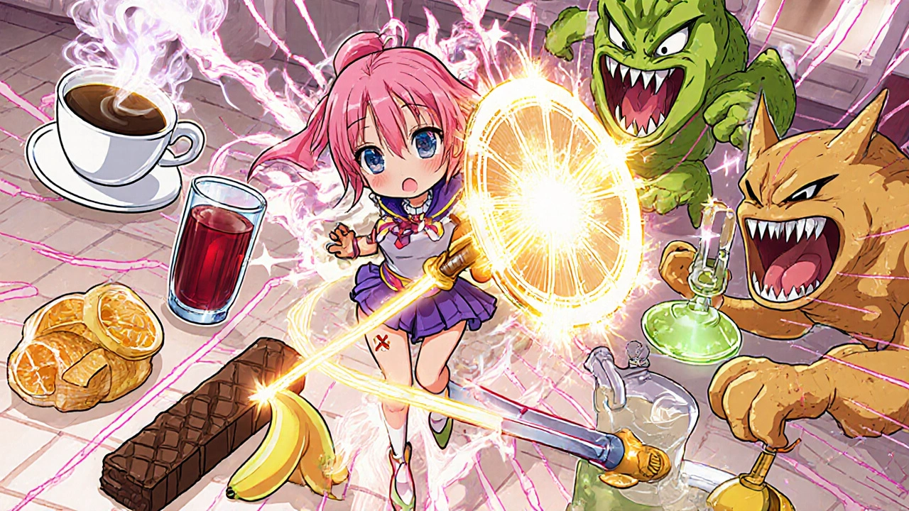 Heroic girl battles villainous foods like coffee and candy, swapping them for healthy alternatives.