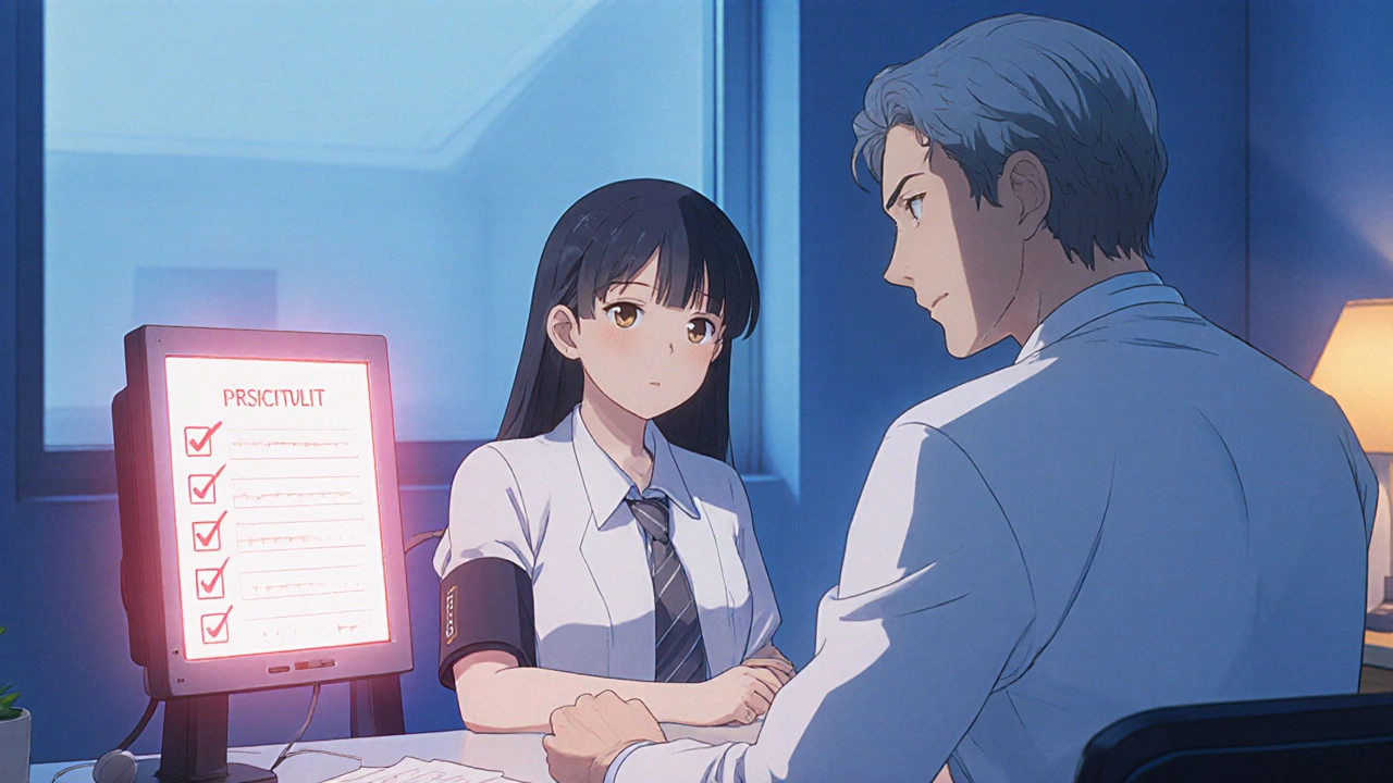 Heroine and doctor discussing warning signs with floating checklist.