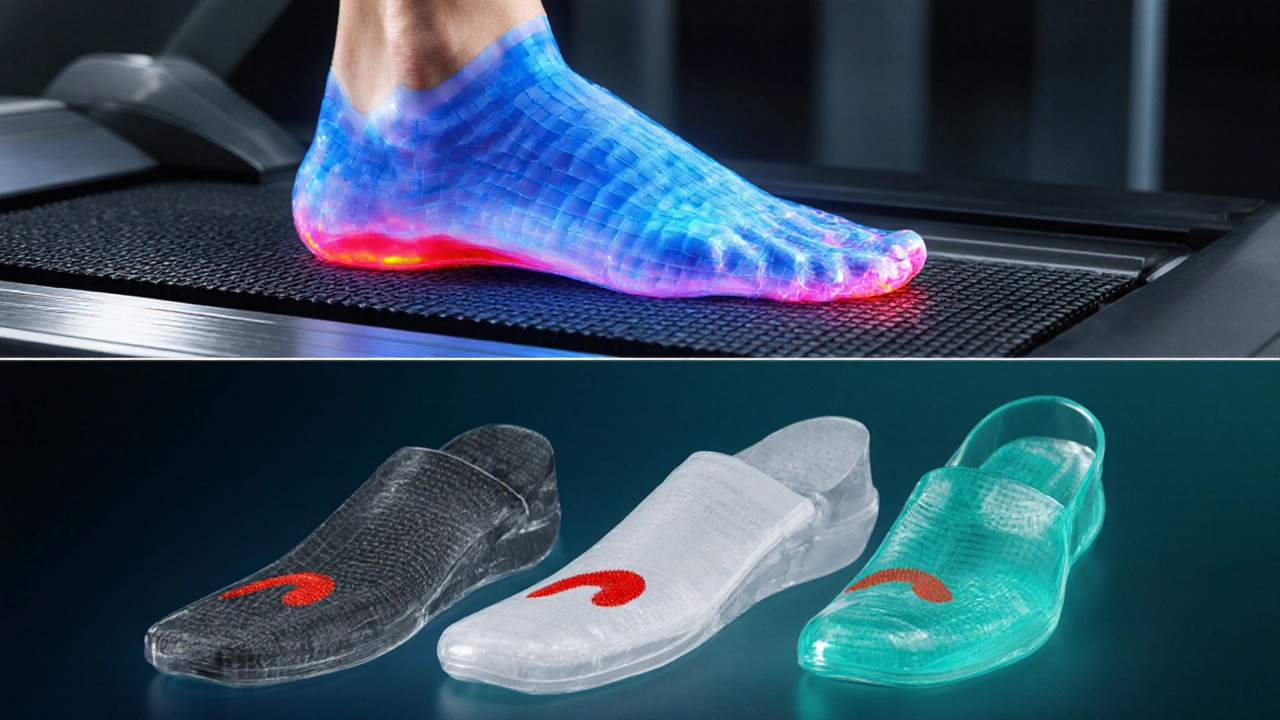 Illustration of gait pressure map and three types of orthotics derived from a 3D foot scan.