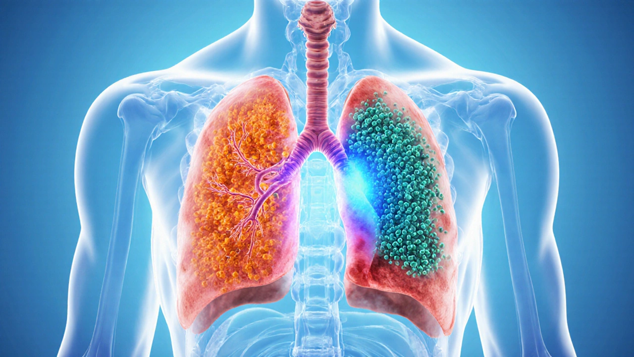 Illustration of inhaled medication opening airways and reducing lung inflammation.