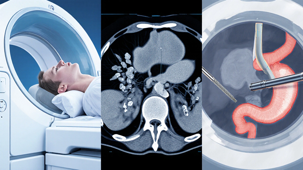 Illustration showing MRI, CT, and ERCP procedures for pancreatic imaging.