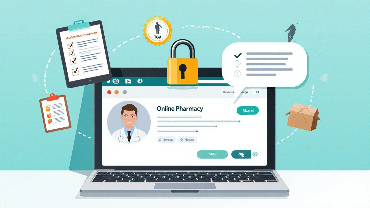 Laptop screen shows online pharmacy verification icons and pharmacist chat.