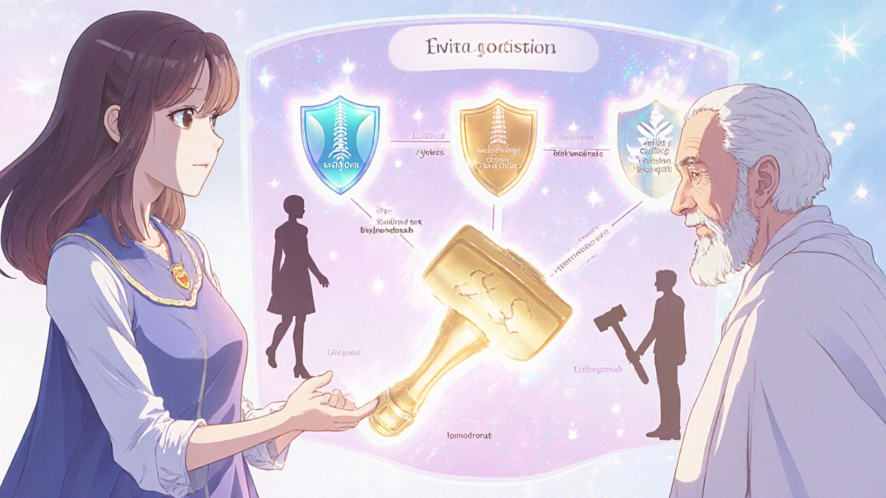 Mentor and magical girl reviewing a holographic chart of treatment paths with patient silhouettes.