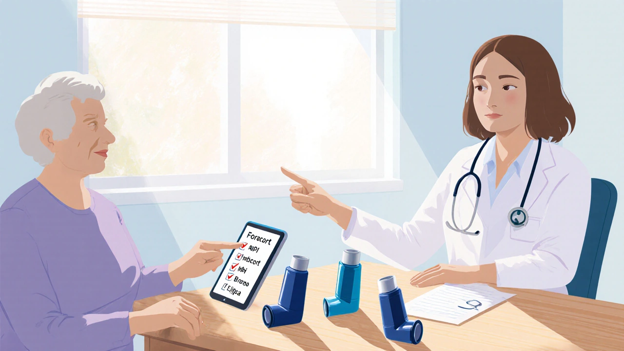 Patient and doctor discussing inhaler options with several devices on a clinic table.