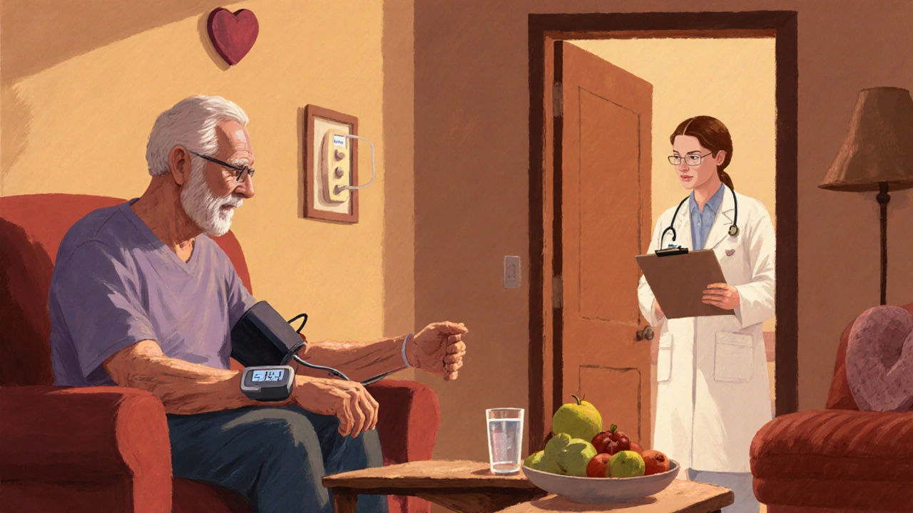 Patient checking blood pressure at home while a doctor discusses switching diuretics.