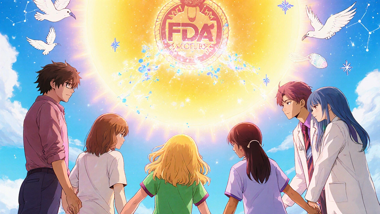 Patients and doctors hold hands in a circle with glowing ANC timelines above them, as a FDA badge turns into doves, representing safe, accessible care.