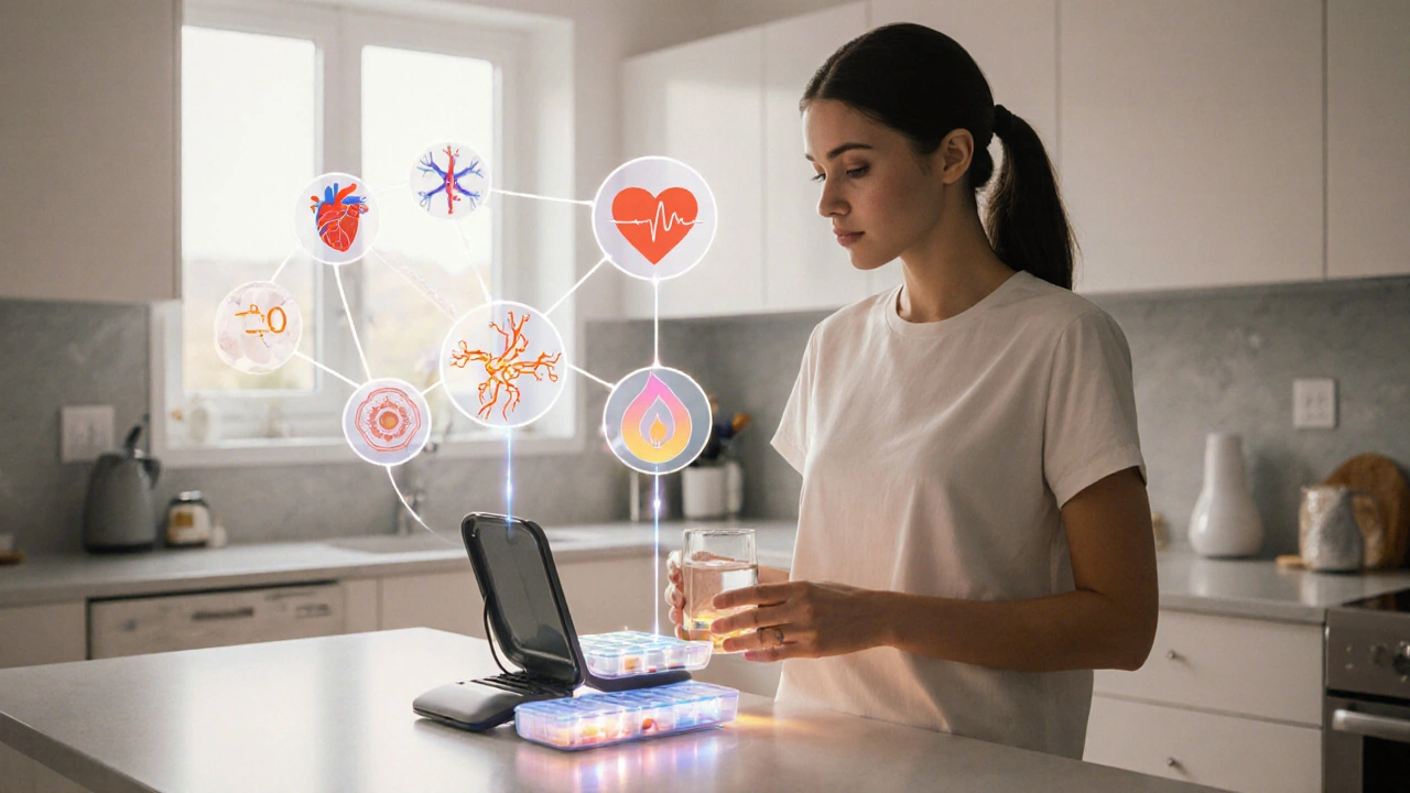 Person choosing supplements from a glowing pill organizer with light‑linked health icons.