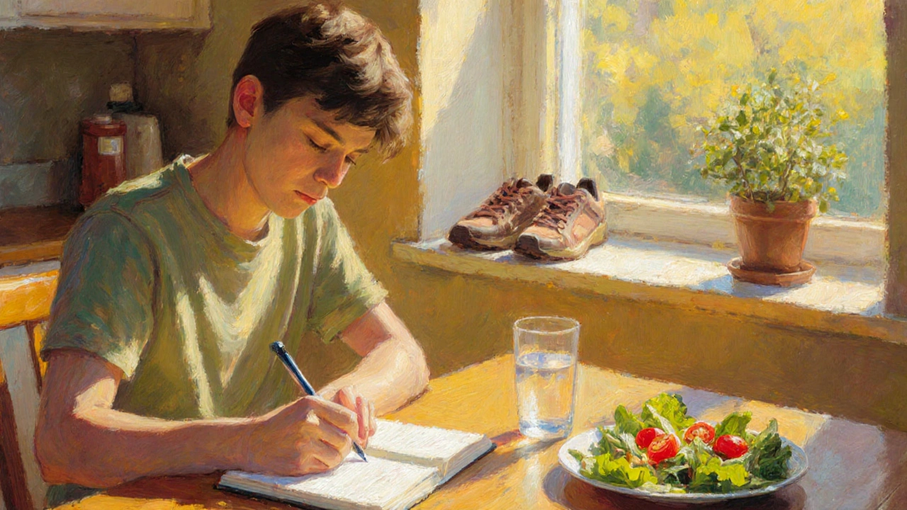 Person writing in a pain diary while eating a low‑fat meal at home.