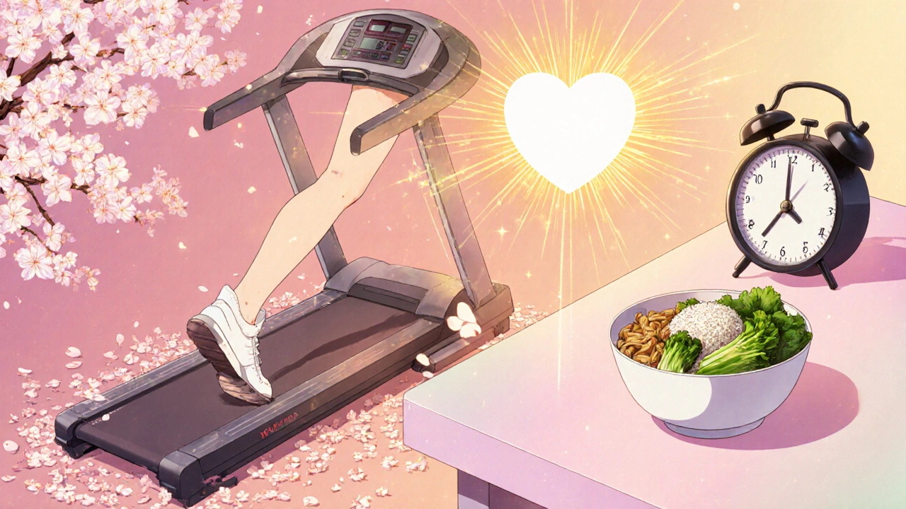 PreCure character exercising, eating low‑salt meals, and taking a daily V‑HCTZ pill.