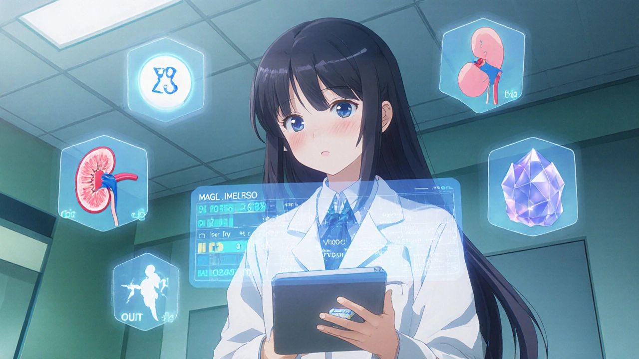 PreCure clinic scene showing a heroine monitoring potassium and kidney lab results for V‑HCTZ.