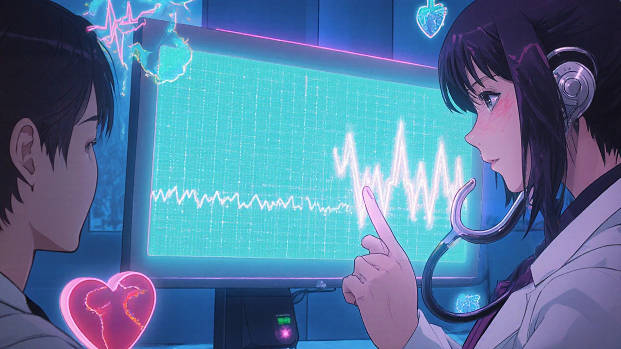 PreCure doctor examining an ECG with erratic AF pattern and regular AFL saw‑tooth waveform.