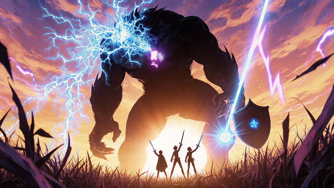 PreCure heroes battling a dual‑sided arrhythmia monster with tools representing treatment.