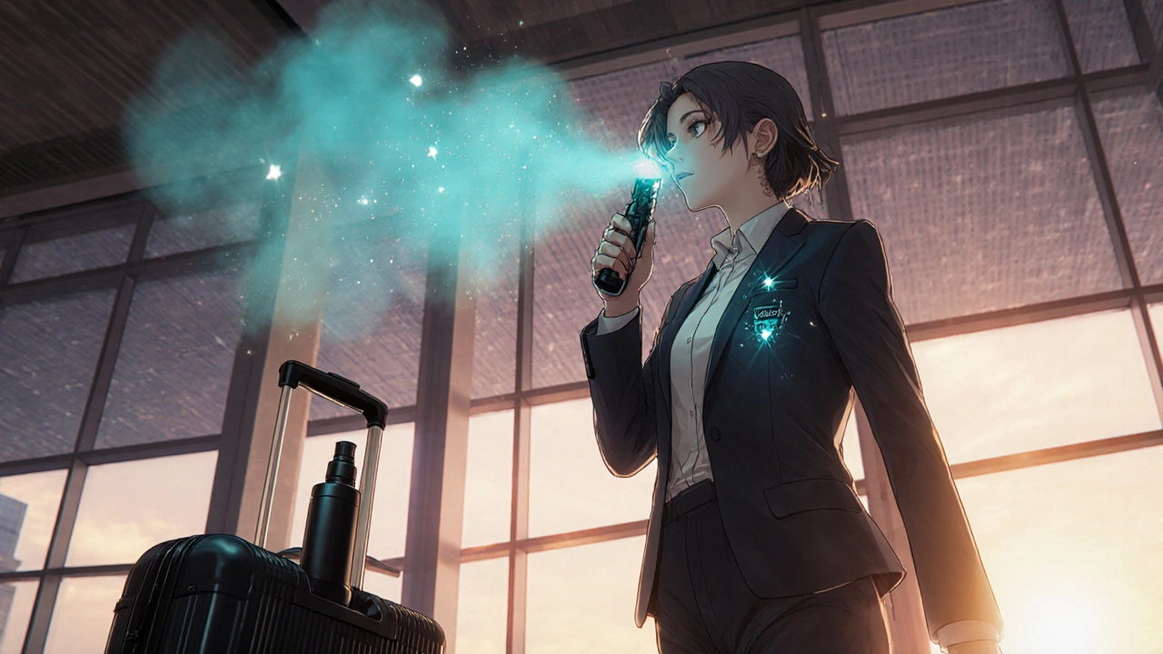 Professional woman using MaxGun spray discreetly at an airport terminal.