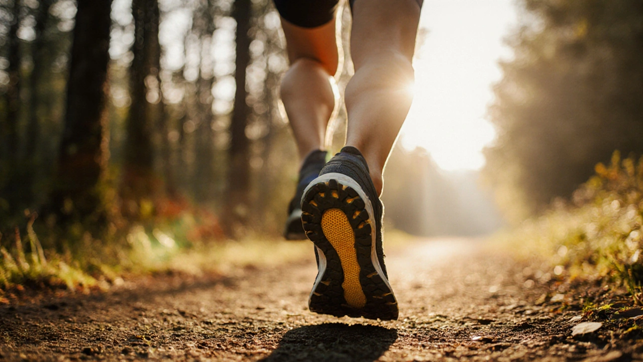 Runner on a forest trail wearing shoes with custom orthotics, depicted with a gentle glow of relief.