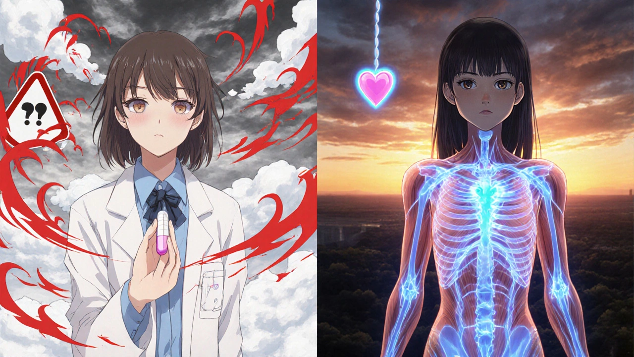 Two versions of a woman: one overwhelmed by high-dose birth control, another empowered by low-dose.