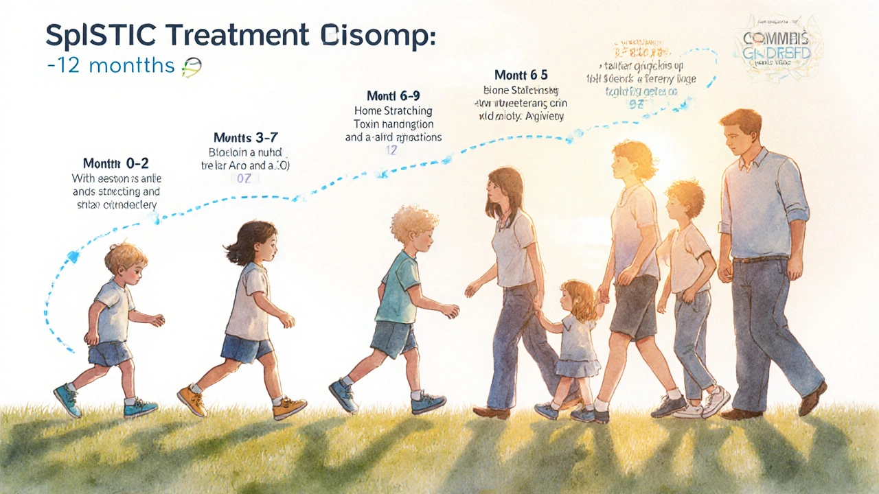 Watercolor timeline showing a child's progress through diagnosis, therapy, and surgery.