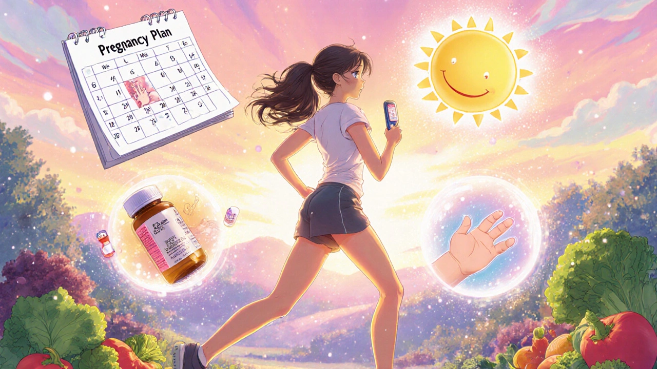 Woman jogging at sunrise with prenatal vitamins and blood pressure monitor, surrounded by glowing safe meds and a baby’s hand reaching from a light orb.