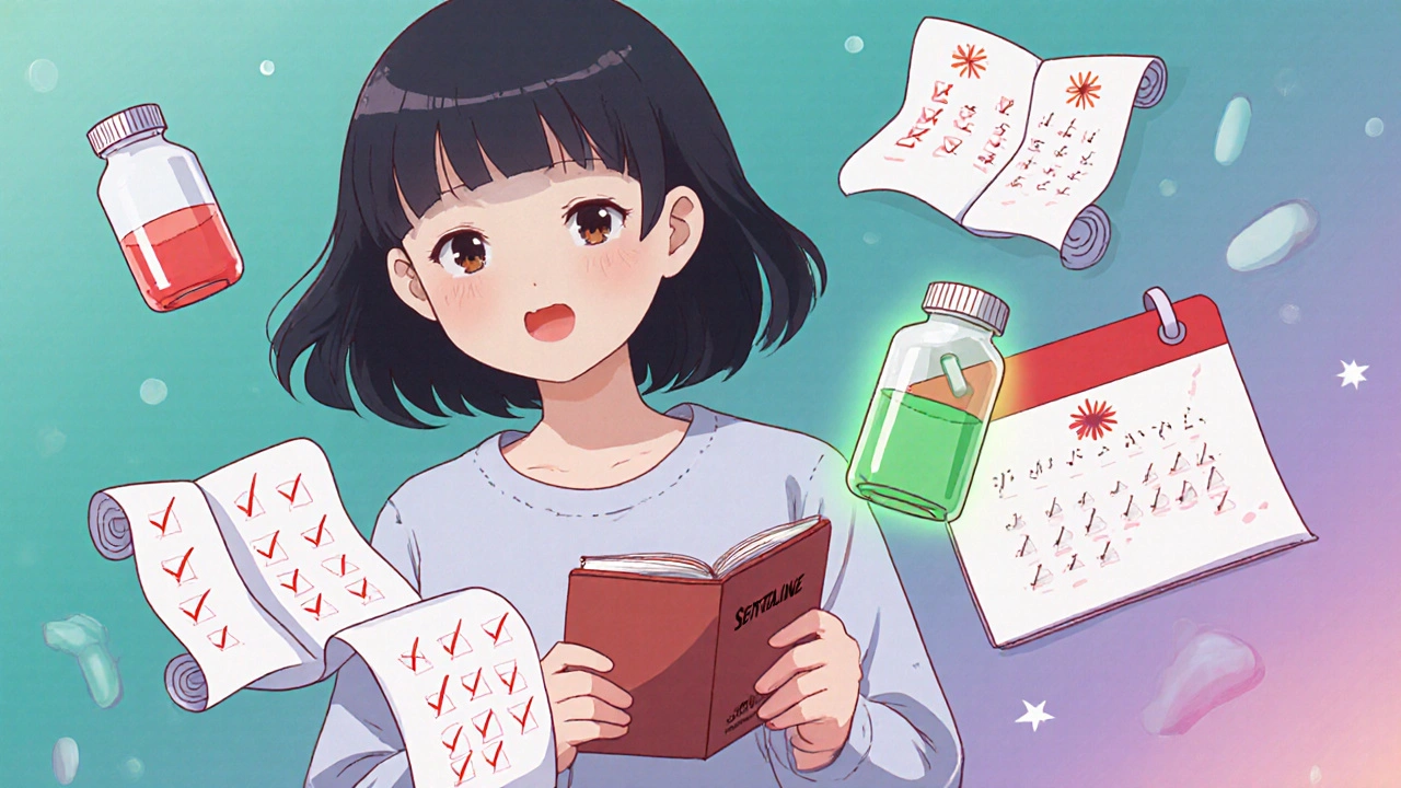 Woman recording progress as old medication fades and sertraline glows.