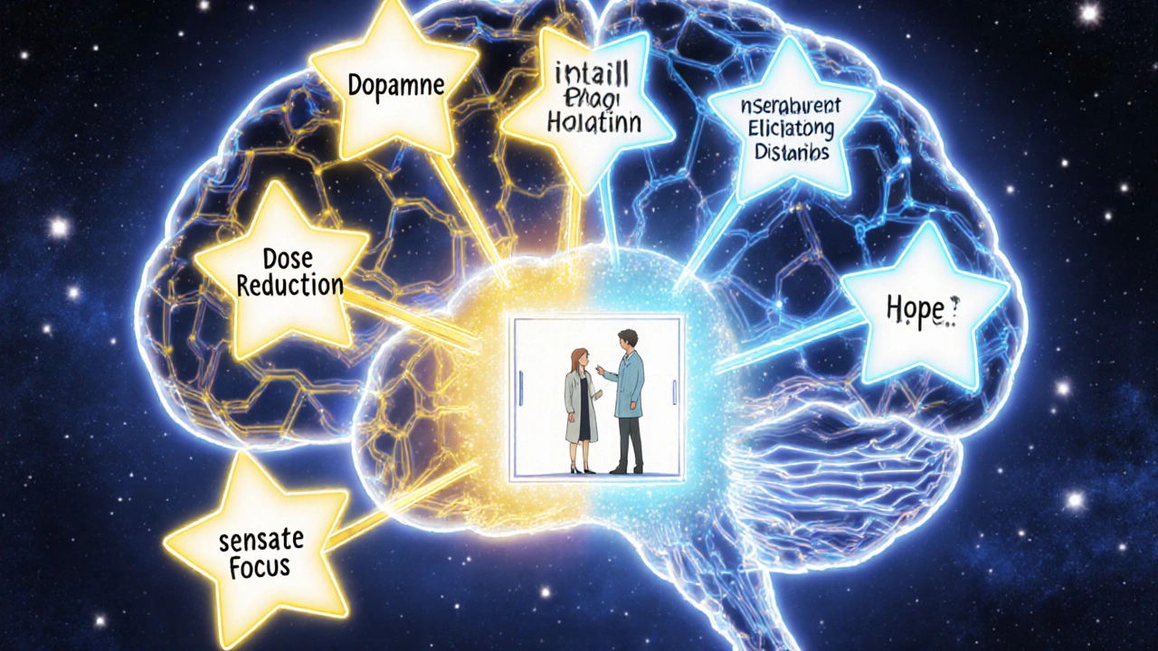 A brain-shaped path of stars shows dopamine and serotonin flowing toward a door labeled 'Hope'.