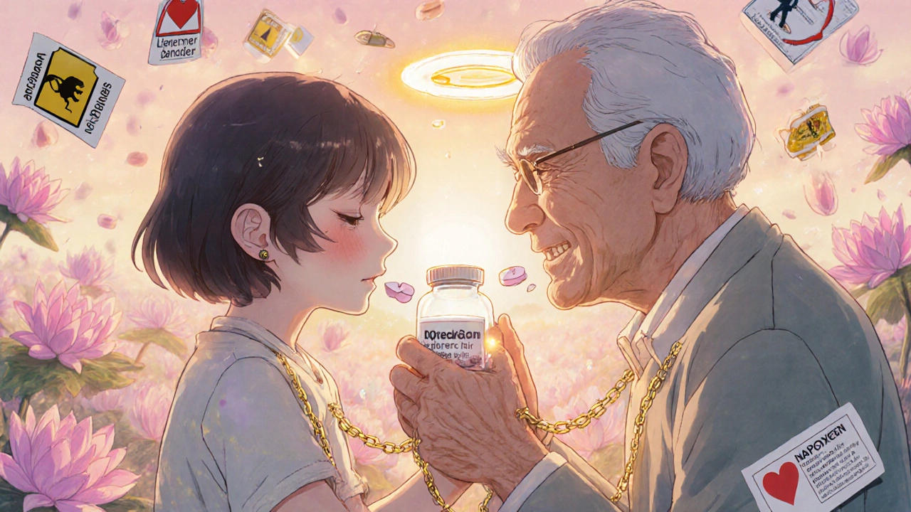 A child and elder take safe combined pain relief as safety rules transform into blooming flowers around them.