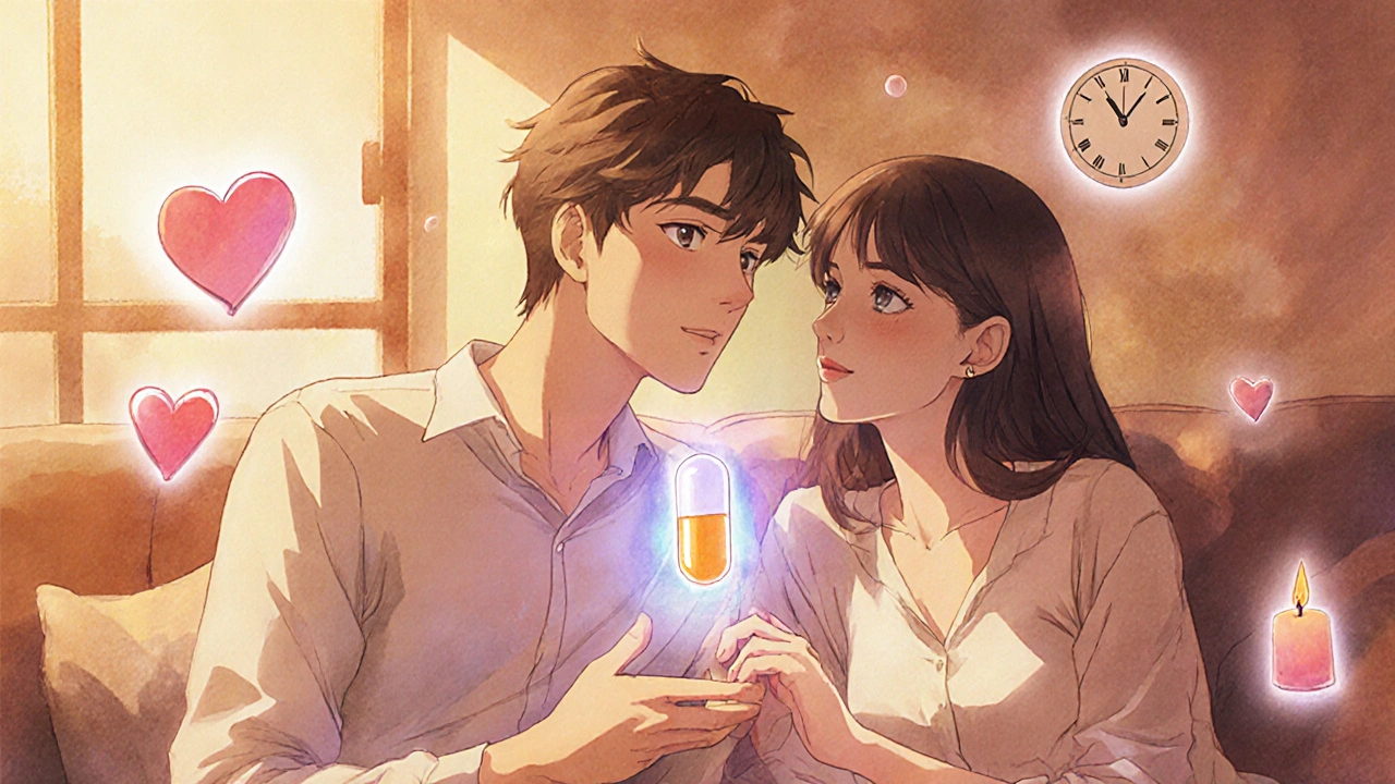 A couple holds hands in a warm room, with a magical bupropion capsule floating between them.