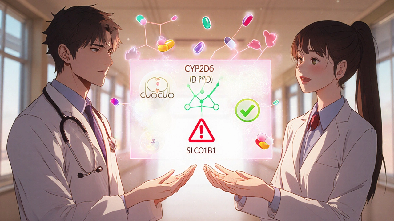 A doctor and pharmacist view glowing gene markers on a digital chart with a patient smiling beside them.