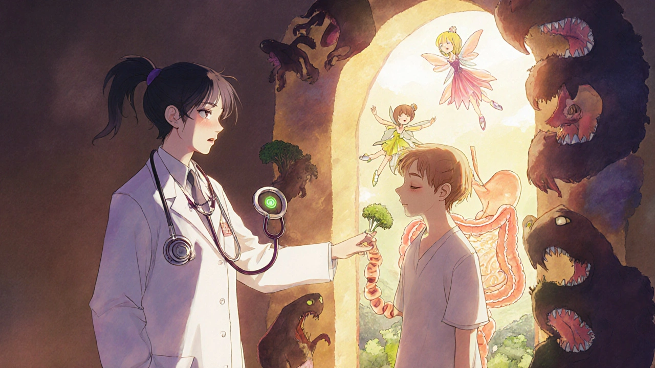 A doctor guides a patient through a magical digestive system where enzymes defeat bloating monsters.