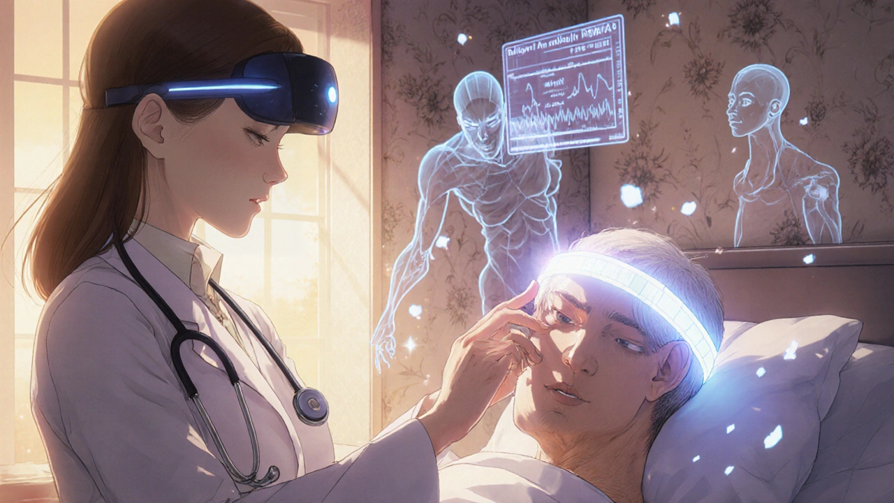 A doctor placing a glowing headband on an elderly patient, with holographic sleep data floating in a warm clinic.