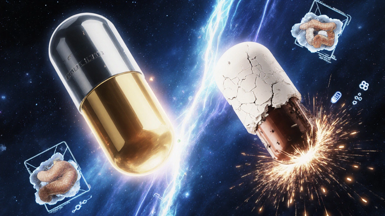 A glowing prescription enzyme capsule contrasts with a failing OTC capsule amid floating food molecules.