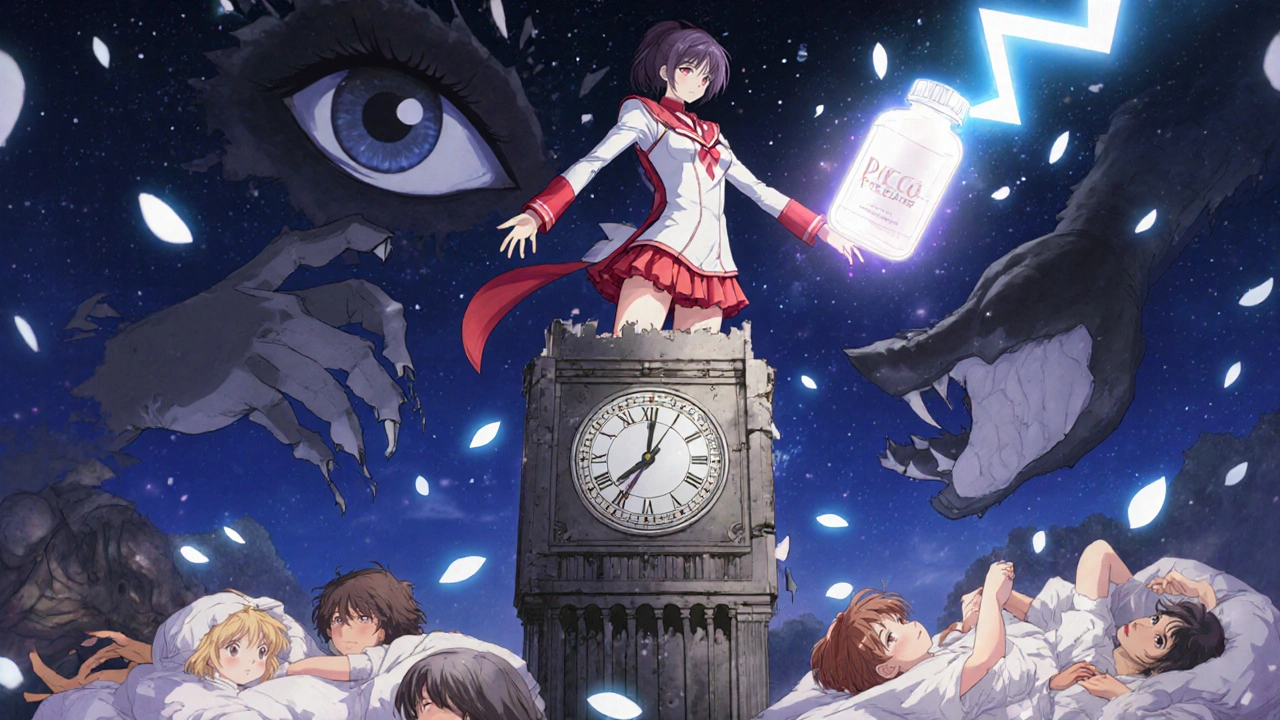 A heroic figure banishing three shadow monsters representing insomnia, anxiety, and seizure risks, while people sleep peacefully below.