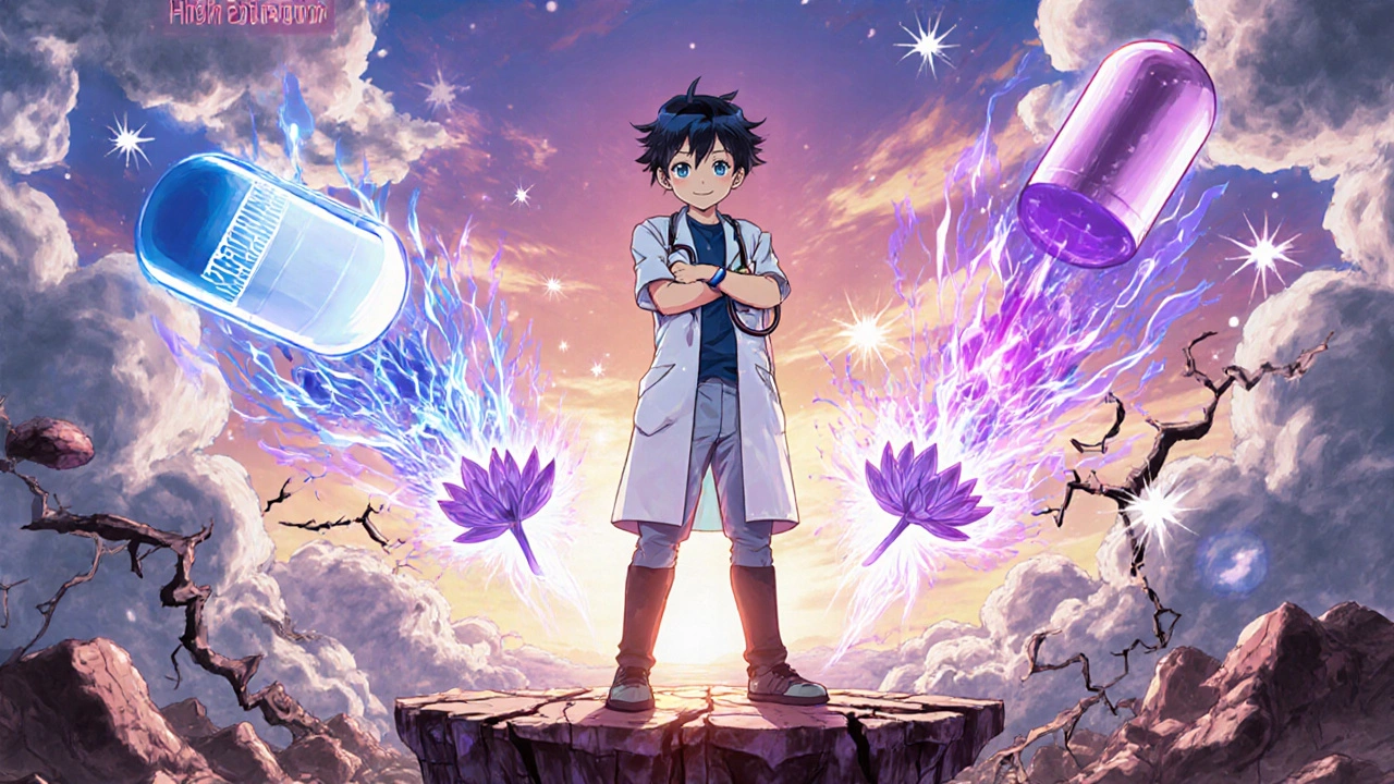 A patient standing heroically as healing energy repairs their kidney, with dark clouds dissolving into sparkles in a PreCure-style scene.