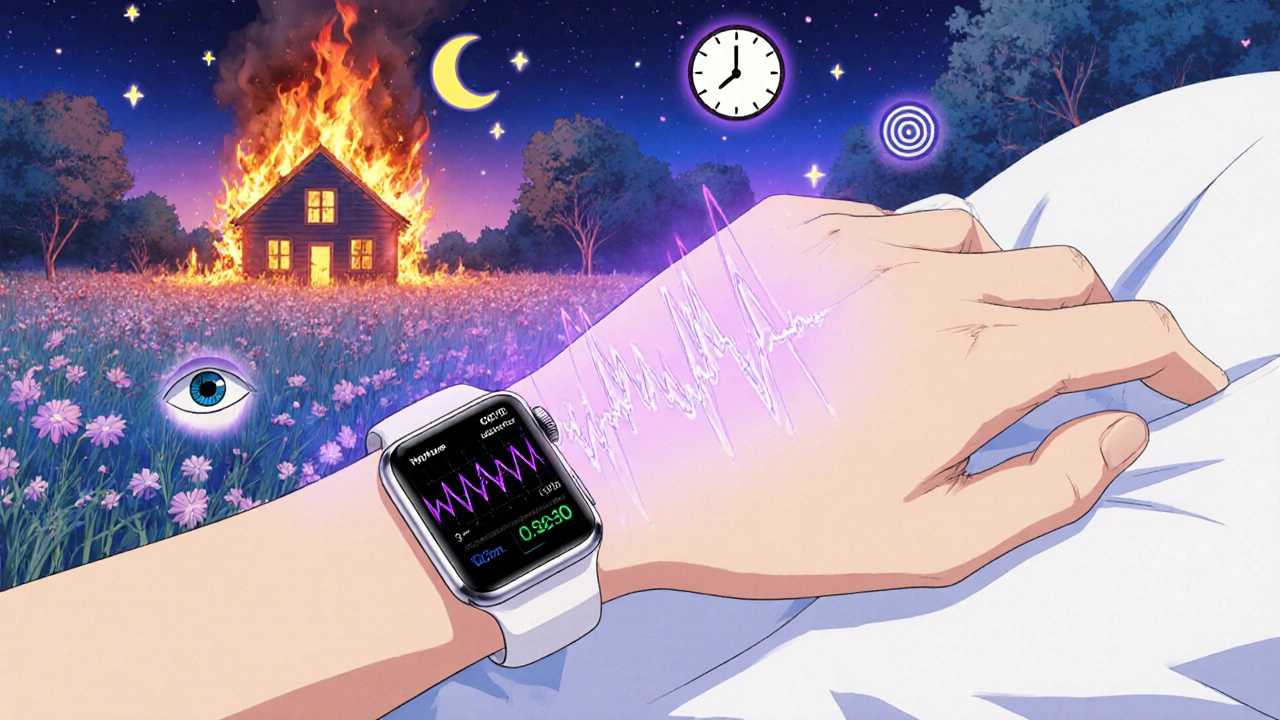 A person sleeps with a vibrating smartwatch, transforming a nightmare fire into a sunlit meadow.